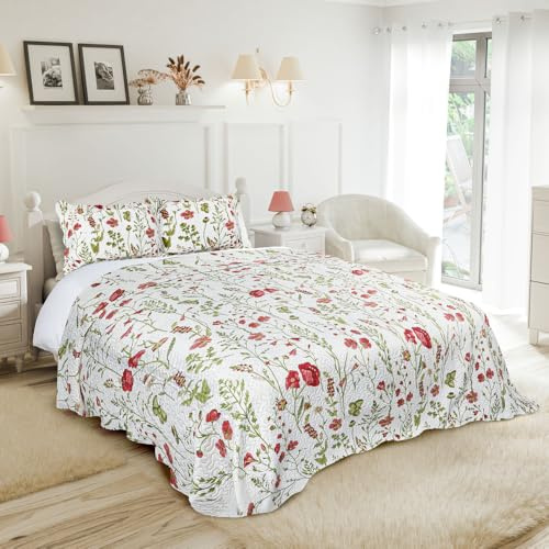 Emma Barclay Poppies Quilted Bedspread Throwover Floral White Poppy Bedding (Single)