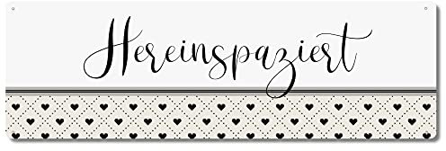 Interluxe Schild Metallschild - Hereinspaziert Herzchen Herz - Willkommen Willkommensschild für Gäste Freunde Familie Besuch Dekoration Eingang Flur