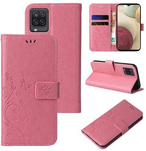 LBH Handy Hülle für Samsung Galaxy A12 Case Handytasche Schmetterling Blumen Flower Standfunktion Schutzhülle Magnet Rundum Schutz 360 Grad Flipcase Cover Rosegold