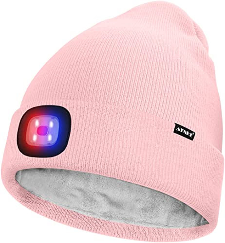 ATNKE Unisex LED Mütze mit Licht,Wiederaufladbare USB 4 LED Rot und Blau Leuchten Blinkender Laufmütze Lampe Warme Gefüttertes Fleece Stricken Mütze für Herren und Damen Geschenke/Light Pink