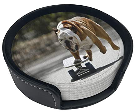 Runde Untersetzer, Tischuntersetzer, englische Bulldoggen, Bokeh, Skateboard, Haustiere, Englisch, 6 Stück, Leder-Getränkeuntersetzer mit Halter