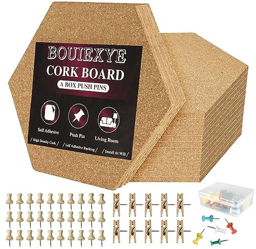Bouiexye Lot de 16 tableaux d'affichage hexagonaux en liège autocollant avec 50 punaises, 30 punaises en bois, 10 pinces en bois