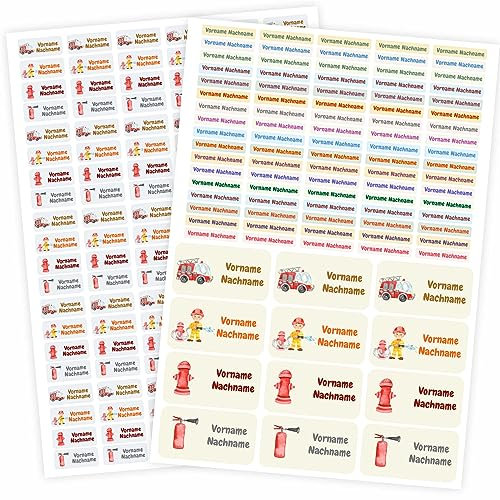 217 Stück personalisierte Namensaufkleber Set - mit Wunschname für Stifte und alle Schulsachen - Kinder Name Beschriftung Schule Kindergarten Kita Sticker (Feuerwehr)