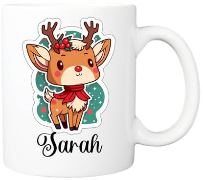 Pickhut Personalised Reindeer 11oz White Ceramic Christmas Name hot Chocolate Mug, Movie Cup, Secret Santa, Stocking Filler for Christmas, Birthday, Xmas Eve Box