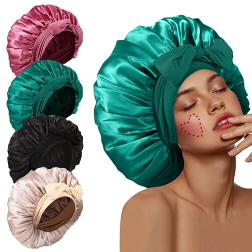 4Pcs Silk Bonnet for Sleeping, Satin Hair Bonnets for Sleeping Black Curly Hair Women Extra Large Jumbo Bonnet with Tie Band Braids shower cap