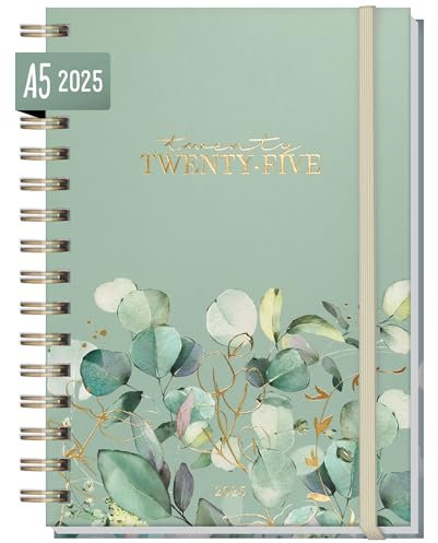 Häfft® International calendar 2025 A5 Minty Leaves with spiral binding in languages: EN/FR/IT/ES - personal organizer, timer, life planner - sustainable & climate friendly