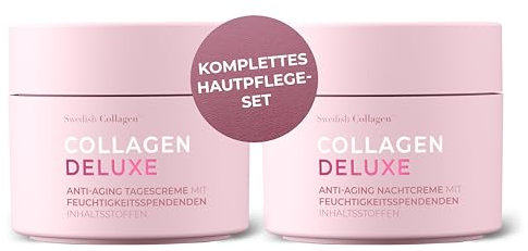 Swedish Collagen Deluxe Retinol Tages- und Nachtcreme I AM & PM Set I Hydratisierte und strahlende Haut I Retinol, Niacinamid, Vitamin E, Bio-Aloe Vera, Sheabutter I Hergestellt in Schweden