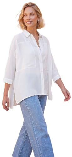 Roman Relaxed Smart Stretch Shirt for Women UK - Ladies Spring Everyday Summer Break 3/4 Length Sleeve Soft Classic Collar Comfy Lightweight Blouse Vacation Tops Ivory