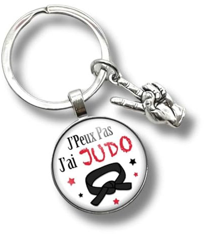 Porte-clés Judo « J'peux pas, j'ai judo » avec cabochon et breloque victoire – cadeau idéal pour judoka - création