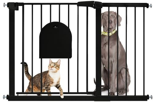 SUBTLETY Türschutzgitter mit Katzenklappe Auto Schließen Treppenschutzgitter Ohne Bohren Hundegitter mit Katzentür Erweiterbar Absperrgitter Schutzgitter für Kinder & Haustiere (Schwarz, 105-115cm)