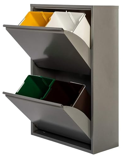WELL HOME - Cubo de basura y reciclaje Metálico de 4 compartimentos, 4x17L (68L) Gris brillo