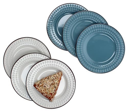 MamboCat Rome blau & weiß 6er Set Kuchenteller I Ø 20,5cm I Steingut-Frühstücksteller mit Rauten-Relief für 6 Personen I kleine Teller für Frühstück, Mittag, Kaffee & Abendbrot