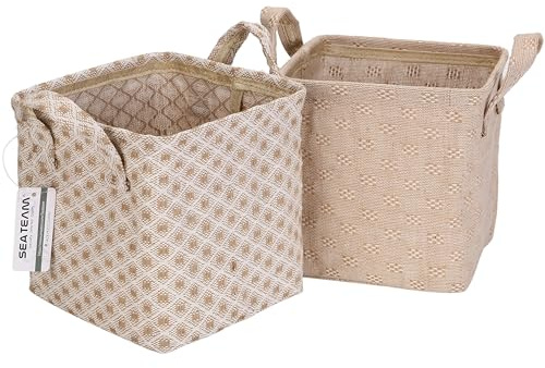Sea Team Storage Baskets Organizer Box Bins in Cotton Linen Foldable with Hle Decorative for Home Toiletry Stationery Sundries Toys Jewerly Color Beige 19 * 19 * 19CM 2PCS