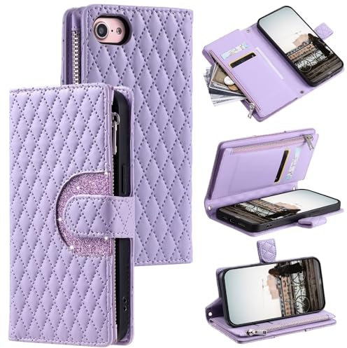 Rnrieyta Miagon for iPhone 8 Plus/7 Plus Bling Zipper Case,Glitter Wallet Purse Handbag with Wristlet Card Slots Pocket PU Leather Magnetic Flip Kickstand Cover