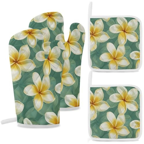 Ofenhandschuhe und Topflappen mit Plumeria-Muster, hitzebeständig, rutschfest, Ofenhandschuhe und heiße Pads, wasserdichte Kochhandschuhe für Küche, Backen, Grillen, BBQ, Weiß, 4 Stück
