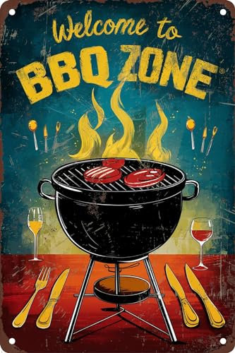 Plaque vintage en métal « Welcome to BBQ Zone » - Décoration murale pour barbecue - 20,3 x 30,5 cm