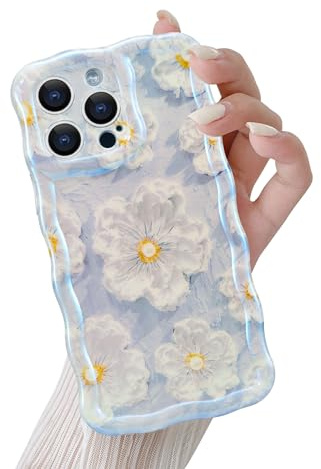 QLTYPRI Case for iPhone 16 Pro Max, Oil Painting Floral Flower Pattern Design for Girls Women, Cute Curly Wave Frame Slim Soft Silicone TPU Bumper Shockproof Phone Cover for iPhone 16 Pro Max-Blue