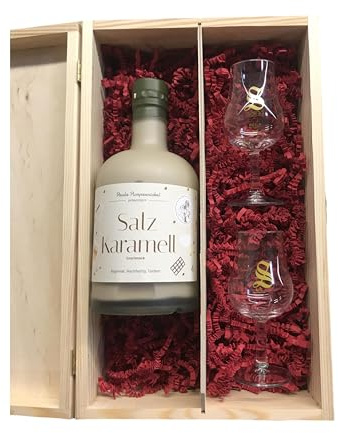 Paula Pumpernickel Salzkaramell 17% vol. 0,7 ltr. Cremelikör - Geschenkset mit 2 hochwertigen Signatory-Gläsern (2 und 4 cl Eichstrich) in edler Holzbox - Perfekt für besondere Anlässe