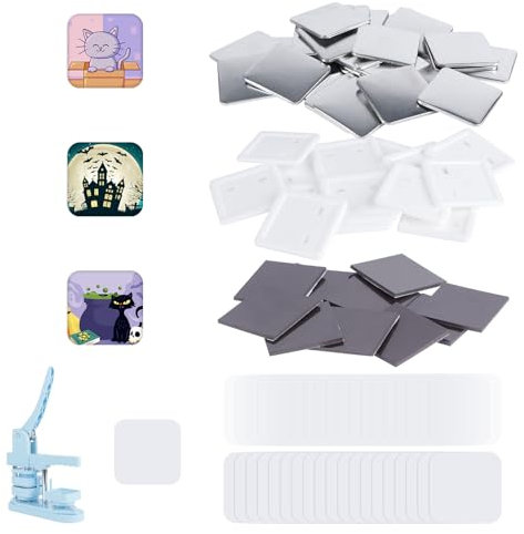 100 Sets quadratische Knopfteile, Kühlschrankmagnet-Knopfhersteller, Zubehör für quadratische Abzeichen, 50 mm, inklusive Metallabdeckung, Kunststoff-Rückseite, transparente Folie