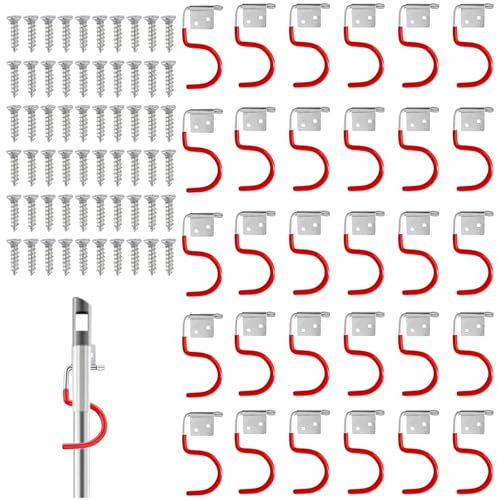 Gartengerätehalter Metallhaken, 30 Stück Rot Wandhaken, Haken für Werkzeugständer mit 60 Stück Schrauben, Garagen Aufbewahrungshaken mit Anti Rutsch Gummierung, für Garagen, Keller, Geräteschuppen