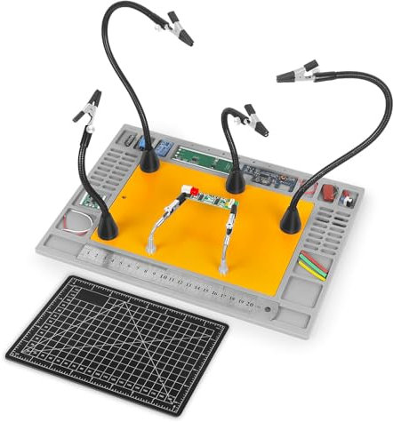 Troisième Main Magnétique -Aide à Soudure Professionnelle avec Base Lourde, 6 Bras Articulés, Tapis Anti-thermique Silicone - Kit Complet pour Électronique et Loisirs Créatifs (Matrice de Découpe & Rè