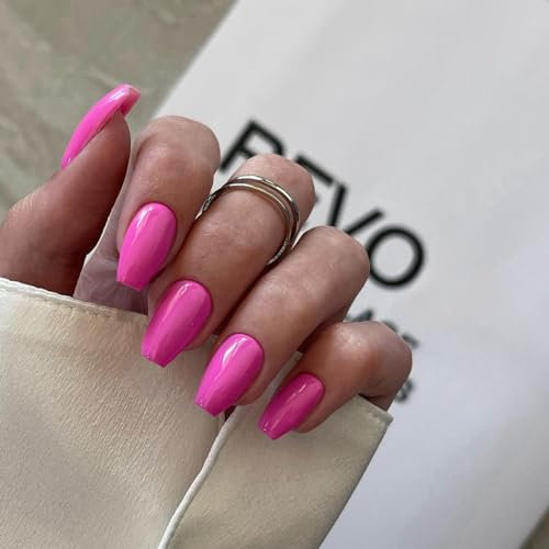 SXVME Hot Pink False Nails Coffin, Medium Short Press on Nails Coffin, Pink Glue on Nails Gel Fake Nails for Women, Short Ballerina Acrylic Nails for Daily Wear 24 Pcs