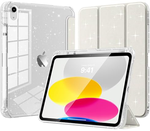 TiMOVO Funda para iPad A16 11ª Generación 11 Pulgadas 2025, iPad 10ª Generación 10,9 2022, Carcasa Trasera Transparente Brillante y Soporte para Lápiz, Auto Sueño/Despertar, Brillo Blanco