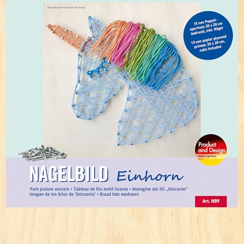 Pebaro NB9 Nail Picture Creative Set, Craft Set, Thread Picture, String Art, with Pre-Printed Unicorn Motif, Includes Nails, Crafts with Wood, Creative Gift Idea, Decorative Items, 20 x 20 cm