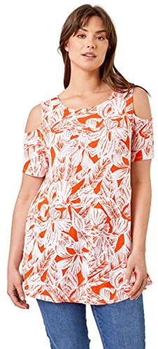 Roman Women Curve Leaf Print Cold Shoulder Jersey Top - Ladies Spring Everyday Summer Holiday Round Neckline Comfy Short Sleeve Soft All-Over Shirt Jersey Blouses - Orange - Size 30