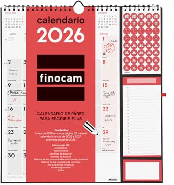 Finocam Wandkalender 2026 plus Monatsansicht Januar – Dezember (12 Monate) | Kalender 2026 zum Notieren | Neutraler Monatsplaner - Spanisch