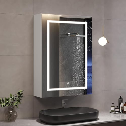 Lietre Spiegelschrank Bad mit Beleuchtung, 50 x 70 cm Einzeltür badezimmerspiegelschrank mit Spiegel und Verstellbares Regale, Led spiegelschrank, 3 Farbtemperatur Dimmbare, Berührung Sensorschalter