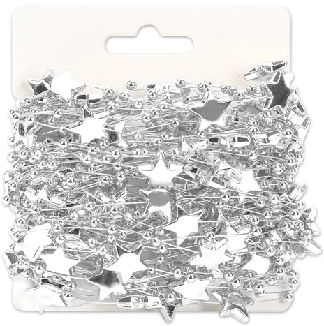 Augshy Silberne Sterne Perlen Girlande, 20m Perlenkette Weihnachtsbaum Silberne Schnur Girlande Sternengirlande für Weihnachtsbaum Basteln Hochzeitsfeier