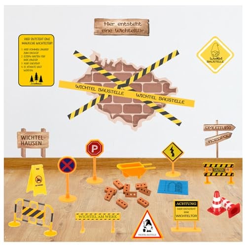 Ozagkad Wichtel Baustelle Set, Wichteltür Zubehör Weihnachten, Wichtel Baustelle Einzug, Miniatur Weihnachtswichtel Tür Deko, Mini-Straßenschilder Verkehrskegel (Braun)