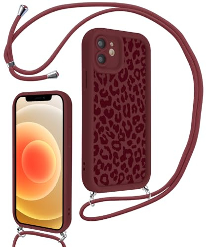 Xylota Coque avec Cordon pour iPhone 12 Mini, Aesthetic Léopard Motif Etui avec Réglable Collier Silicone Corde Caméra Protection Bumper Case, Antichoc Housse pour iPhone 12 Mini 5,4'', Bordeaux