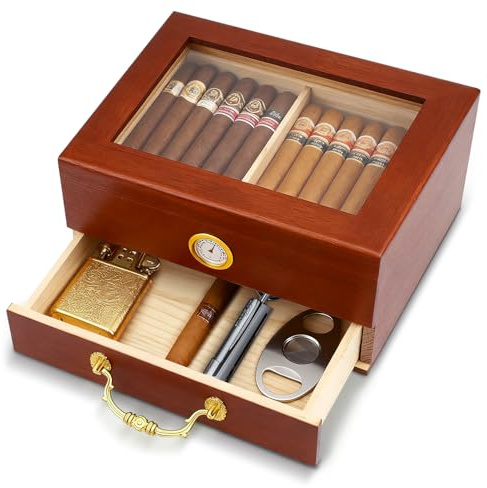 Zigarren Humidor, Spanische Zeder Hölzerne Zigarrenbox, Zedernholz Zigarrenkoffer mit Digital Hygrometer, Luftbefeuchter, Teiler und Schublade, Zigarren Geschenke für Männer (30-50 Zigarren)