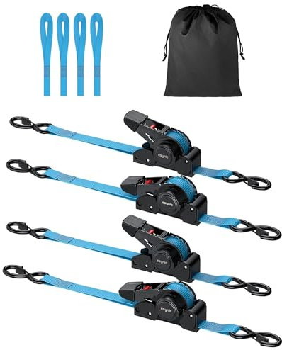 eSynic 4pcs Sangle à Cliquet avec Crochets en S 3,5m×25mm Traction 320kg | Force de Rupture 640kg, Crochets S Robustes, Rétraction Automatique, Certification GS CE UKCA, Transport Sécurisé