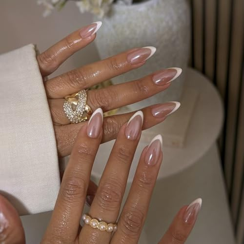 24 Pcs Pearl Pink Almond False Nails Short - Medium Almond Press on Nails - Nude Stick on Nails with Elegant White Edge - Long Lasting False Nails with Glue Removable Nail Art Gifts for Women