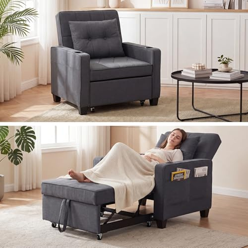 GRAVFORCE Sofa Bed Convertible 3 in 1 Sleeper Chair Bed Single Dark Gray | Adjustable backrest pull-out sofa for small space living room. Converts chair to bed, perfect for studio apartment office.