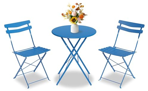 Bistroset 3-Teilig Mit Bistrotisch&2 Klappbaren Stühlen, Gartenmöbel Set | Outdoor Bistro Set, Gartentisch/Balkonset Aus Klapptisch&2x Klappstühlen, Gartenset/Sitzgruppe Metall Für Balkon, Garten-Blau