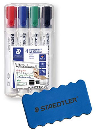 Staedtler Lumocolor Whiteboard-Marker Set mit 4 Farben, Keilspitze (4 Stück Keilspitze + Löscher)