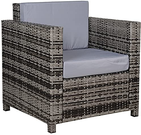 Outsunny Single Seater Rattan Chair, PE Wicker Garden Armchair with 10 cm Thickened Cushion, All-Weather Rattan Garden Chair with Armrests, Grey