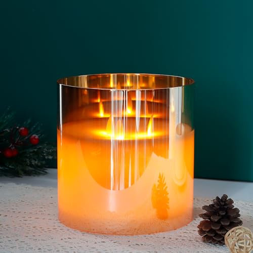 JHY DESIGN Large Moving 3 Wicks 15cm Dia Battery Powered Candle Simulation 3D Glass LED Flameless Tea Lights with 6-Hour Timer Function for Party Christmas Wedding Living Room Table Bar(Gold)