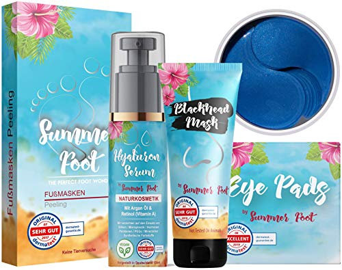 Summer Foot Premium Frauen Set I Beinhaltet Fußmaske für Frauen, Black Head Maske, Hyaluron Serum und Augenpads I Geschenkset Frauen