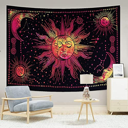 THE ART BOX Sonne und Mond Wandteppich Rot 77 x 102 Cm Konstellation Psychedelic Aesthetic Mystic Tuch für Home Schlafzimmer Dekoration
