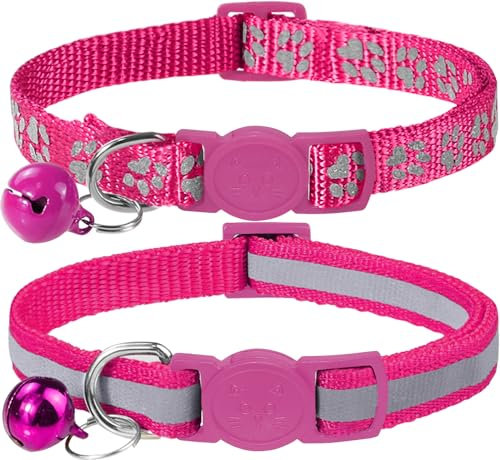 Taglory Collier Chat Anti Étranglement, 2 pcs Réglable Réfléchissant Collier pour Chat Chaton Chiot avec Clochette et Boucle de Sécurité, 19-32cm,Rose Vif