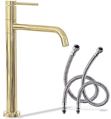 Rea LUGANO SLIM GOLD RUBINETTO LAVABO ALTO Miscelatore da bagno in ottone monocomando rubinetto lavamani regolabile caldo e freddo (Oro chiaro)
