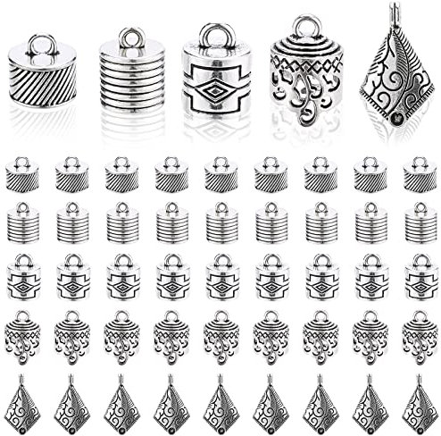 PandaHall 50 StückTibetanische Endkappen Schmuck, 5 Styles Große Eingeklebte Cord Terminatoren Barrel End Tip Silberne Schnurkappen mit Schleifenring für Schmuck Quaste,9~15mm Innendurchmesser
