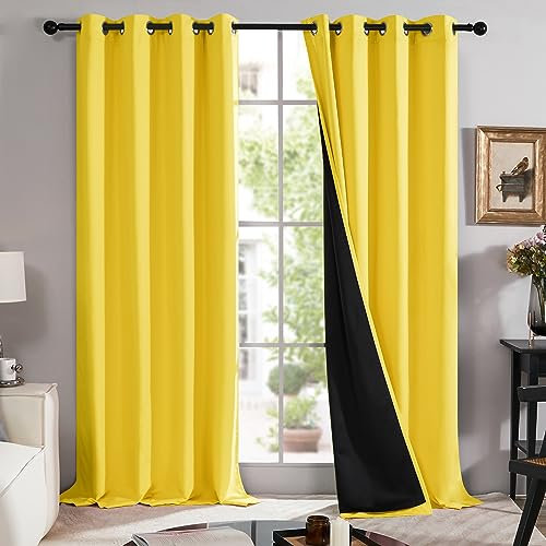 Deconovo Total Blackout Curtains, Eyelet Thermal Curtains 90 Drop, Wind-blocking Full Shade Door Curtains with Black Liner for Door Living Room, 52 W x 90 L, Yolk Yellow, 2 Panels