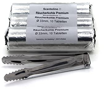 Scentolino Räucherkohle Holzkohletabletten Premium 3 Rollen Ø 33mm + Kohlezange