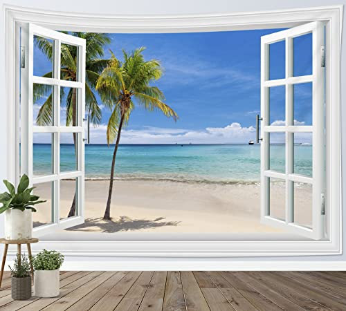 LB Strand Wandteppich Meer Landschaft aus dem Fenster Wandtuch Palme und Blau Ozean Wandbehang Sommerinsel Tapisserie für Wohnzimmer Schlafzimmer Wohnheim Wanddeko,150x130cm